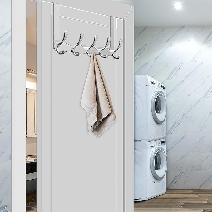 WEBI Over The Door Hook 5 Coat Hooks,Over The Door Towel Rack,Door Hanger Over Door Coat Rack for Hanging Towels,Clothes,Bathroom,Chrome,2 Packs