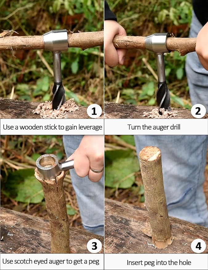 Bushcraft Survival Tool, Survival Tool for Bushcraft Settlers, Manual Drill Wrench, Scotch Eye Auger Drill and Hand Hole Maker for Outdoor, Bushcrafting, with Protective Case and Hook