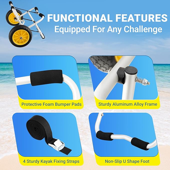 YES4ALL Kayak Cart U-Shape Aluminum, 200lbs Capacity Kayak Dolly with 4 Fixing Straps & Thick PU Wheels, Foldable Canoe Cart