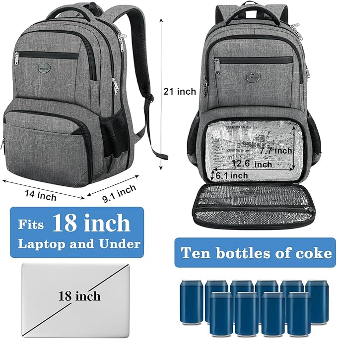 MATEIN Laptop Backpack with Lunch Box, 18 Inch Gray Mens Work Backpack for Office Commute College, Personal Item Insulated Lunch Work Bag for Traveling, Heavy Duty Travel Back Pack with Luggage Strap