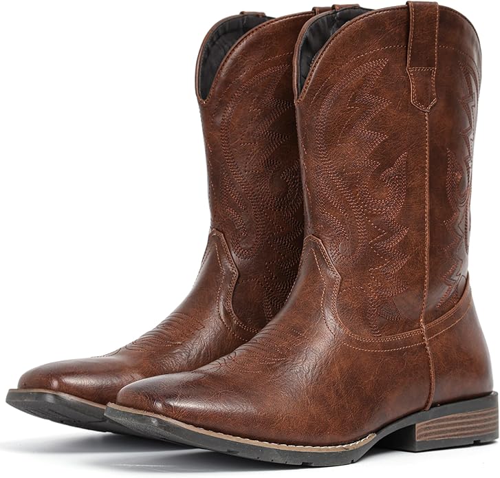 IUV Cowboy Boots For Men with Wide Square Toe Western Retro Boot Durable Classic Fashionable Embroidered Pull On Slip Resistant Boots