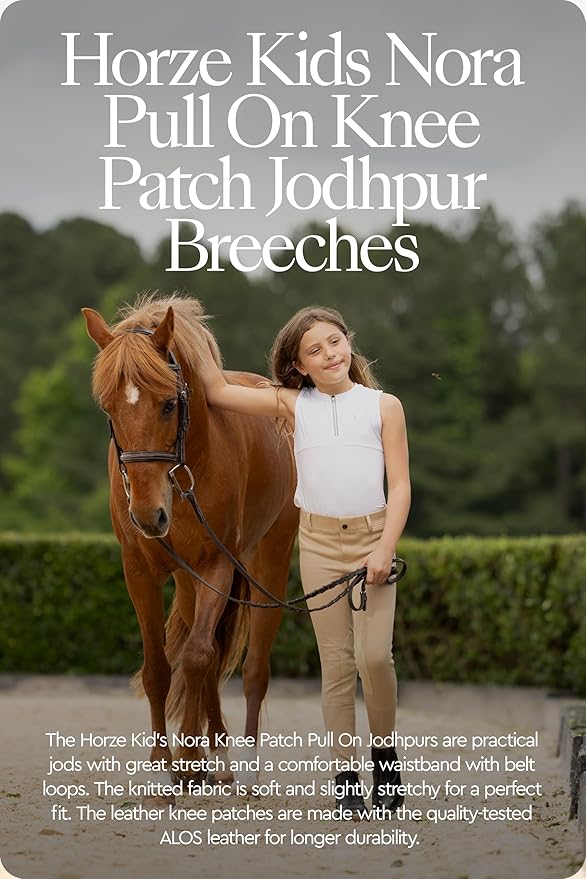 HORZE Nora Girls Riding Pants with Leather Knee Patch | Kids Equestrian Girls Jodhpurs Breeches | Size Chart in Images