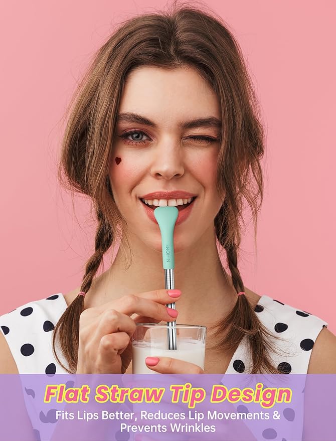 NiHome 6PCS Anti Wrinkle Straws with Silicone Widen Flat Tip Drinking Metal Straw, Fit for Stanley 20/30/40 oz Tumbler, Reusable Wrinkle Free Stainless Steel Long Straw, Brushes & Carry Bag (Macaron)