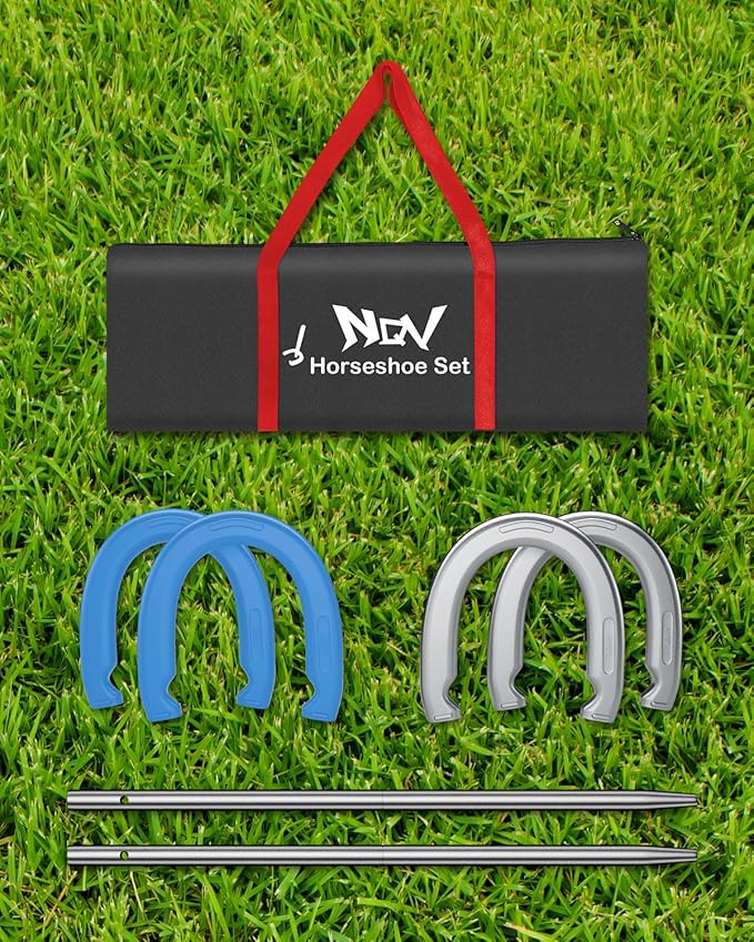NQV Horseshoe Outdoor Game Set –Horse Shoe Game Kit,Sports Horseshoes Sets, Includes 4 Steel Horseshoes, 2 Metal Stakes & Carry Bag – Perfect for Lawn, Backyard, or Tailgating