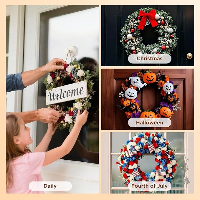 OUTXE Wreath Hanger for Front Door, Heavy Duty Suction Cup Reef Hook for Glass Window/Over Door, Christmas/Thanksgiving/Halloween/July 4th/Easter/Valentine/Winter/Fall/Summer/Spring (White, 4-Pack)