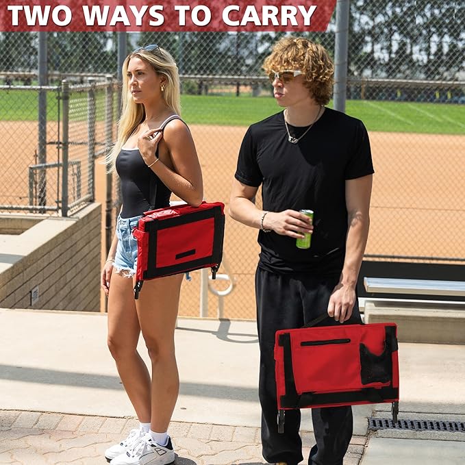Stadium Seats for Bleachers with Back Support Bleacher Seat Soft Cushion Light Weight Includes Shoulder Strap & Cup Holder, Front & Back Zipper Pocket, Suitable for Sports Events,Red