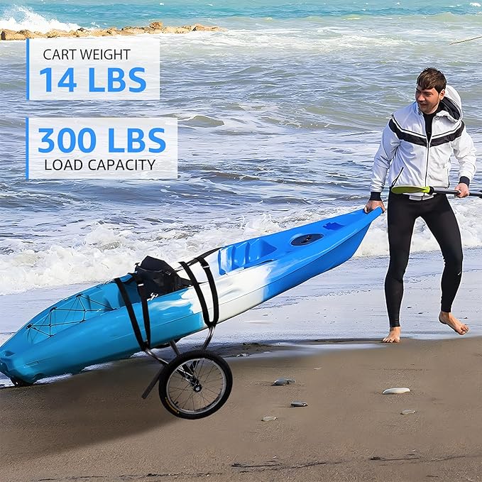 Kayak Beach Cart, SUP Cart,Width Adjustable Universal Canoe Dolly Heavy Duty Kayak Trolley with 16" Wheels, Sturdy 300 LBS Weight Capacity