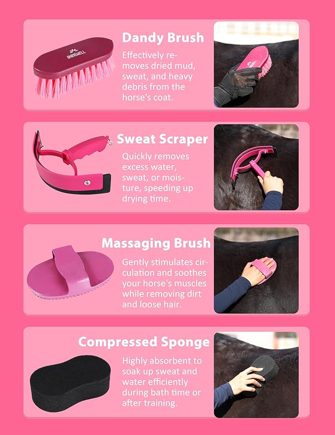 Shinewell Horse Grooming Kit, Complete Horse Brush Set, Equine Grooming Tools for Shedding & Daily Care Pink
