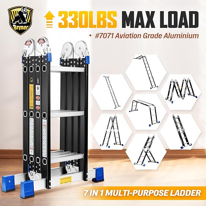Step Ladder, Bryner 12Ft Multi-Purpose Aluminium Folding Extension Ladders, 7 in 1 Folding Adjustable Telescoping Step Ladder 330lbs