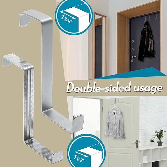 Over The Door Hooks, 5 + 5 Pack - Stainless Steel Coat Hanger, Towel Holder 2-Sided of 1 3/8" & 1 3/4", Heavy Duty - Hooks for Hanging with Anti-Scratch Pads, Wreath Hanger with Anti-Slip Dots