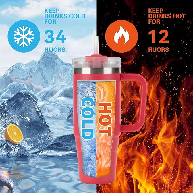 TYESO Vacuum Insulated Tumbler Water Bottle Cold Insulation Stainless Steel Bottle Straw Handle Mug Double Wall Wide Mouth (ROSE RED, 30 oz)
