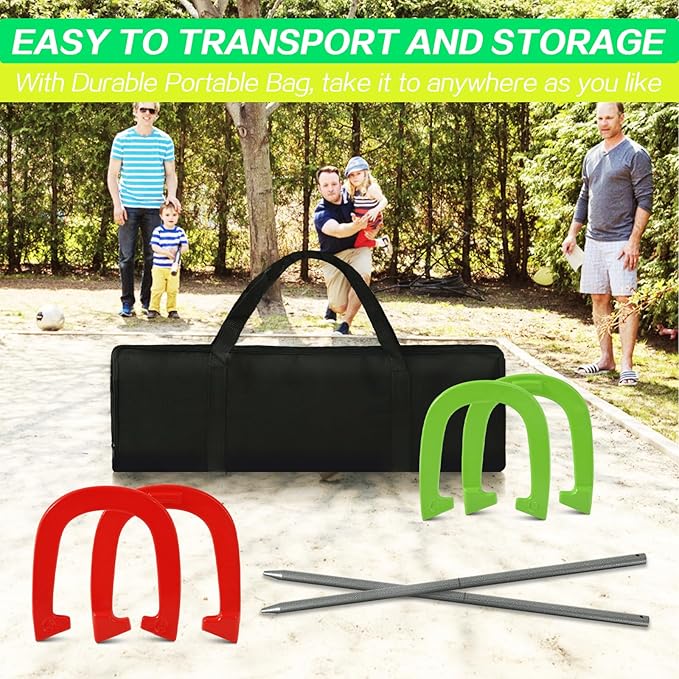 Horseshoes Outside Game - Steel Horseshoe Set - Yard Game Kit with 4 Heavy Duty Horseshoes, 2 Solid 24" Stakes & Carrying Bag - Classic Lawn Games for Adults, Backyard, Camping