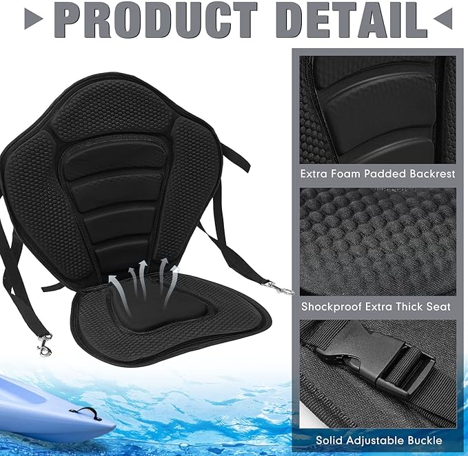 Lewtemi 2 Pack Kayak Seats with Back Support Adjustable Sit on Top Padded Boat Seat with Detachable Storage Bag and 8 Fixed D Ring and Screws