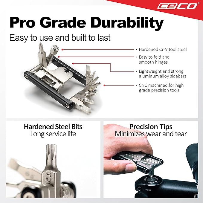 CECO USA 17 Function Bike Tool with Chain Breaker, Bicycle Multi Tool, Ultra Slim, Compact Pocket Sized, Lightweight, High Strength CR-V 6150 Tool Steel, Easy To Carry, Case Pouch Included, Quality
