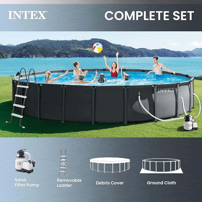 INTEX ウルトラXTR 22フィート x 48インチ 地上プールセット、スチールフレーム円形プール、2100 GPH砂フィルターポンプ、はしご、カバー、グラウンドクロス付き