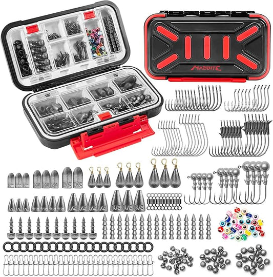 KastKing MadBite 釣り道具セット 182/265/400個 コンパクトルアーキット - バス、トラウト、コイ釣り用 淡水用 オールインワン フック、ウェイト、浮き 収納ボックス付き 釣り道具セット