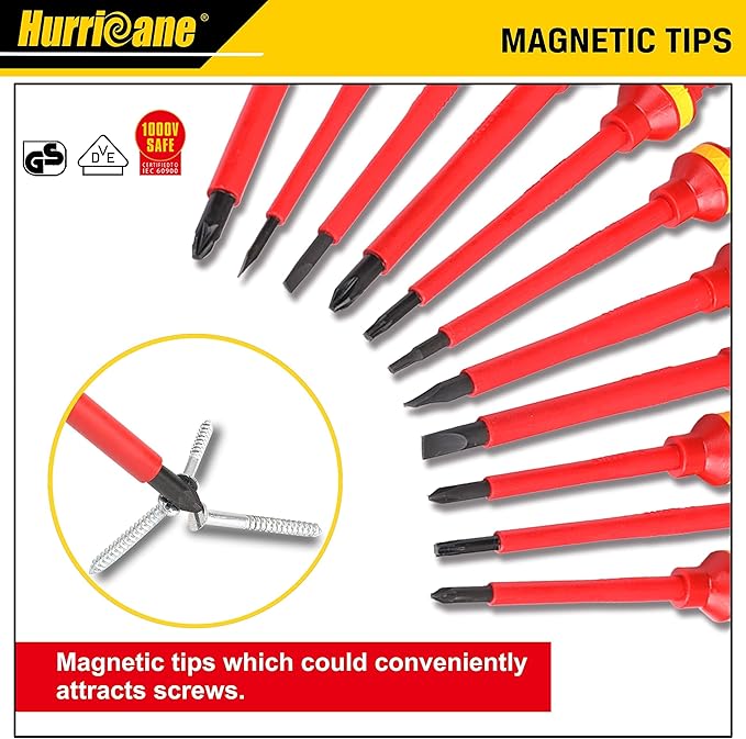 HURRICANE 1000V Insulated Electrician Screwdriver Set, 13 Piece Professional Electrical Screwdriver Set, CR-V Steel Magnetic Phillips Slotted Pozidriv Torx, Insulation VDE & GS Certified Screwdriver