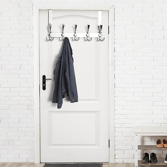 Dseap Over The Door Hook Hanger - Fits 1 3/8" to 1 3/4" Standard Doors | 5 Tri Hooks Heavy Duty Towel/Coat Rack | Door Organizer for Clothes, Jackets, Hats, Towels, Chromed, Pack of 2