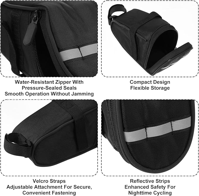 Reflective Bike Seat Bag, Black Bicycle Saddle Bag, Waterproof Bike Pouch, 18 x 8.5 x 10 cm Bikes Storage Bags, Cycling Accessories for Mountain Road Foldable Bikes