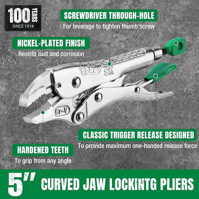 SK 5" Curved Jaw Locking Pliers, Vice Grips, Premium CR-V Steel