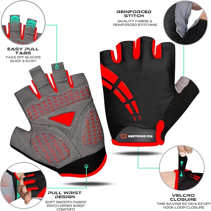 WESTWOOD FOX Cycling Gloves for Men Women,Half Finger Unisex Gel Padded Anti-Slip Mountain Bike Gloves, Breathable Shock Absorption Grip Palm Bicycle Summer Riding MTB Bike Gloves