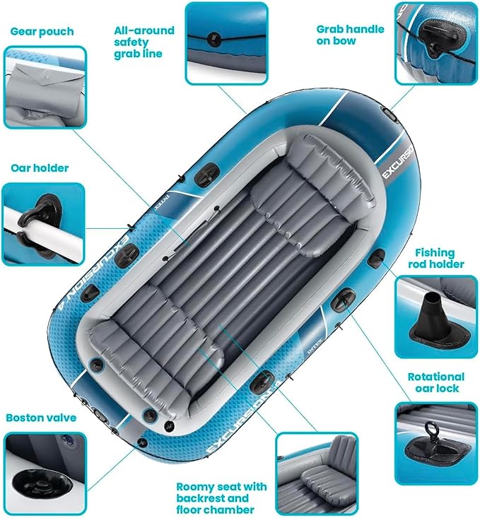 INTEX 66324EP Excursion 4 Inflatable Boat Set: Includes Deluxe 54in Aluminum Oars and High-Output Pump – Adjustable Seats with Backrest – Fishing Rod Holders – 4-Person – 1100lb Weight Capacity