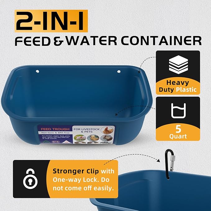 Goovilla Chicken Feeder Waterer, Hanging or Screw-in Fence Feeders with Clips, 2 Pack 5 Quart Goat Feeding Supplies, Duck Piglet Sheeple Coop Dog Livestock Poultry Plastic Feeder Trough Bucket, Blue