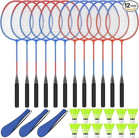 12 Pack Badminton Rackets Set Including Badminton Racquets, Nylon Shuttlecocks and Carry Bag for Outdoor Backyard Games Beginners