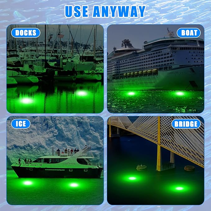 Geelin 2 Pcs 12v 10w Green Underwater Fishing Light Submersible Lure Bait LED Fishing Attracting Light Night Green Glow Finder Lamp for Pool Boat Sea Ice Crappie Squid Shad Shrimp