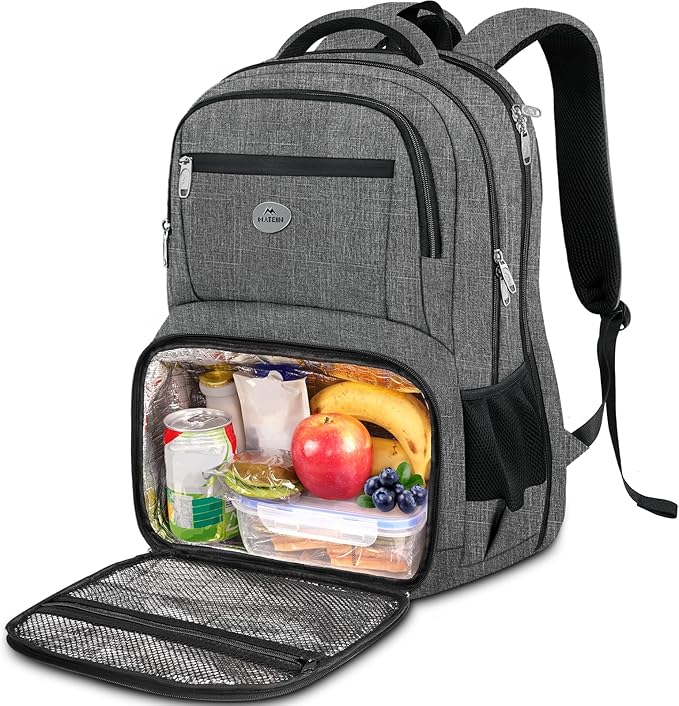 MATEIN Laptop Backpack with Lunch Box, 18 Inch Gray Mens Work Backpack for Office Commute College, Personal Item Insulated Lunch Work Bag for Traveling, Heavy Duty Travel Back Pack with Luggage Strap