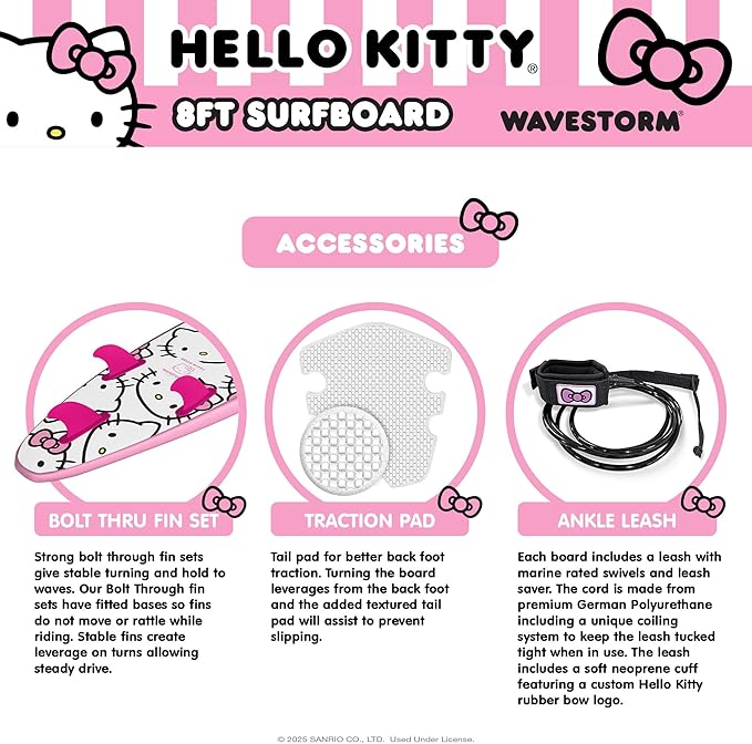 Hello Kitty 8ft Surfboard by Wavestorm | Graphic top Deck with high Density Slick Bottom | for Kids and Adults | Foam Construction with Accessories | Includes Basic Leash