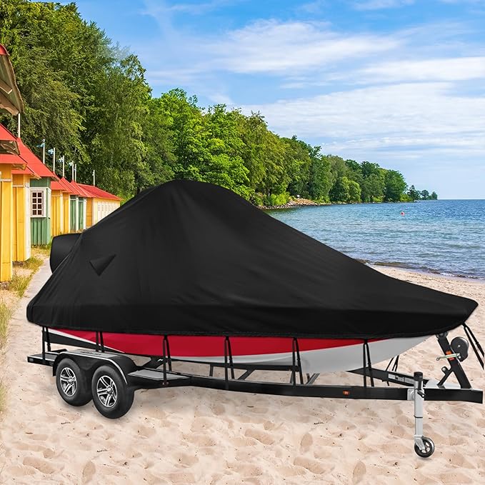 Wake Tower Boat Cover,900D Marine Heavy Duty Waterproof Boat Cover,Wakeboard Tower Boat Cover,Fits V-Hull Bow Runabout Ski Boats, 21-23ft, Black