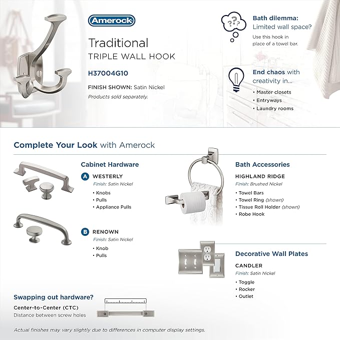 Amerock H37004G10 | Vicinity Triple Prong Decorative Wall Hook | Satin Nickel Hook for Coats, Hats, Backpacks, Bags | Hooks for Bathroom, Bedroom, Closet, Entryway, Laundry Room, Office