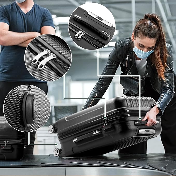 Karl home Luggage Set of 3 Hardside Carry on Suitcase Sets with Spinner Wheels & TSA lock, Portable Lightweight ABS Luggages for Travel, Business - Black(20/24/28)