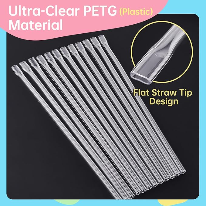 NiHome 12PCS Clear Anti-Wrinkle Plastic Reusable Drinking Straws Fit for Stanley 30oz 40 oz Tumbler, 12" Flat-Tip No Wrinkle Straws, Wrinkle Free Straw for Cold Beverages with 2 Brushes (12 Straight)