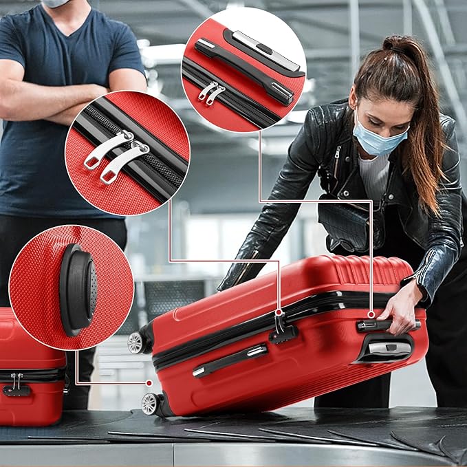 Karl home スーツケース3点セット TSAロック搭載 キャリーバッグ 静音ダブルキャスター 360度回転 機内持込 軽量 大容量 鏡面仕上げ ファスナー式 ABS樹脂 レッド（20/24/28）