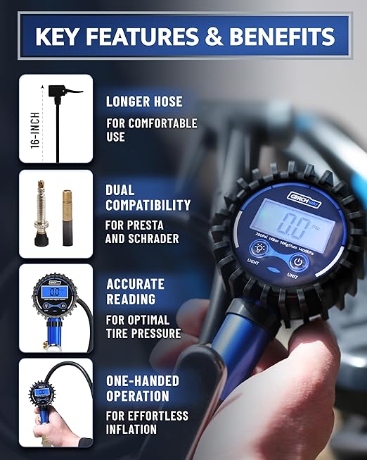 GERCHWAY Presta Valve Air Chuck – Digital Bike Tire Inflator with Pressure Gauge – Schrader to Presta Valve Adapter for Air Compressor
