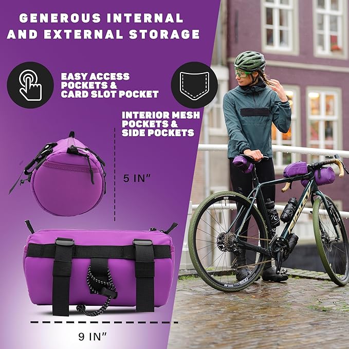 Lumiere & Co. Bike Handlebar Bag - Durable, Multiple Size and Color Options - Dual Elastic Straps, Clips & Hook-and-Loop for Customizable Fit (Purple, Large)