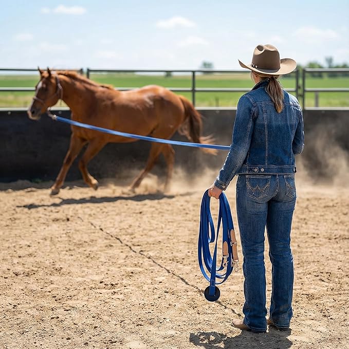 35' Flat Cotton Web Lunge Line with Bolt Snap & Rubber Stop - By Southwestern Equine (35', Sapphire)