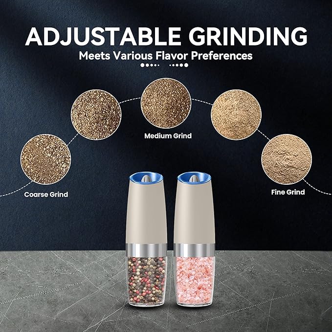 Gravity Electric Salt and Pepper Grinder set of 2, Automatic Salt And Pepper Grinder Set, Adjustable Roughness, Battery Powered, LED Light, 2 Pack, (Khaki)
