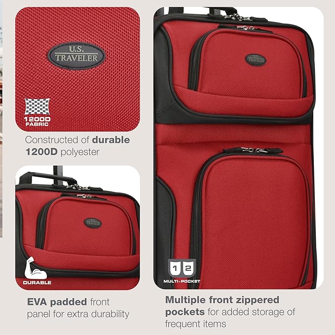 U.S. Traveler リオ 軽量ソフトサイド ローリングキャリーオンスーツケース、2輪シングル、レッド