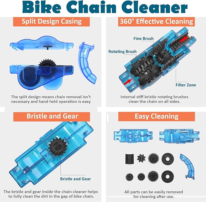 Bike Chain Cleaner, 4 Piece Bike Cleaning Kit, Chain Cleaner for Cycling, Suitable for Mountain Bike, Road Bike, BMX, Bicycle Cleaning Brush Tool for Drivetrain, Gear, Cassette, Sprockets