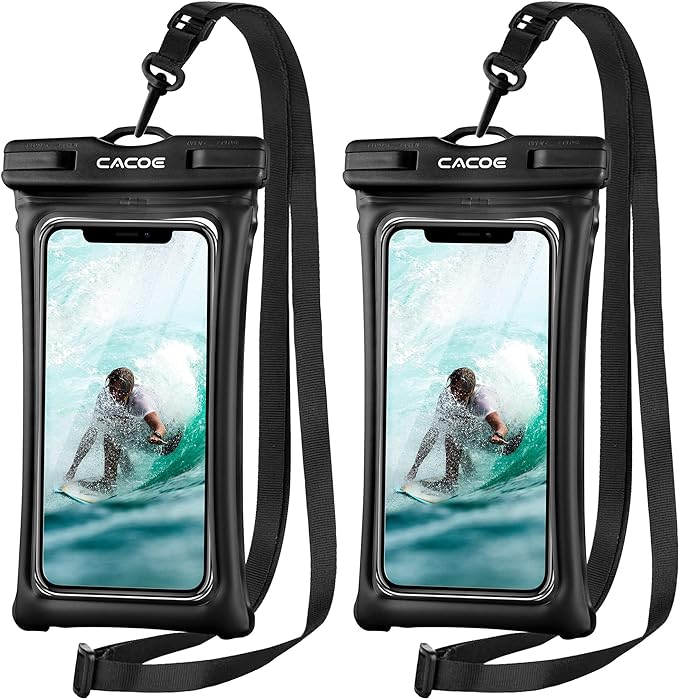 CACOE【水に浮く】フローティング 防水ケース スマホ用 2個セット-7.0インチまで対応、調節可能なネックストラップ付きスマホポーチ、IPX8 携帯電話ドライバッグ ビーチ・プール・水泳用（ブラック+ブラック）
