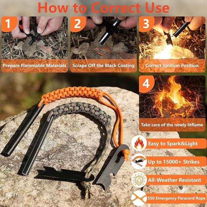 VVAAGG Flint and Steel Fire Starter Kit Survivor, 3/8" 1/2 inch Ferro Rods and Magnesium Rods with Paracord Handle