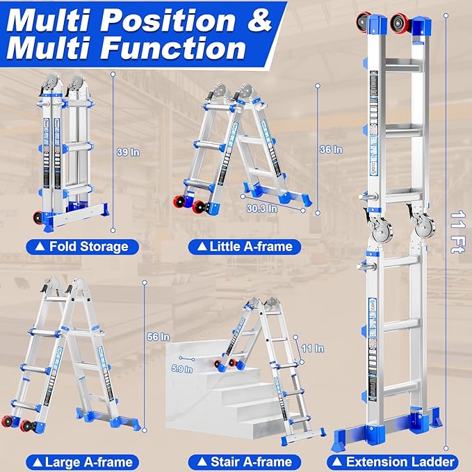 Telescoping A-Frame Ladder- 11FT Folding Extension Ladder with Wheels & Stabilizer Bar, 330lb Security Load Multi Position Ladders for Stairs Home Indoor Outdoor Roof