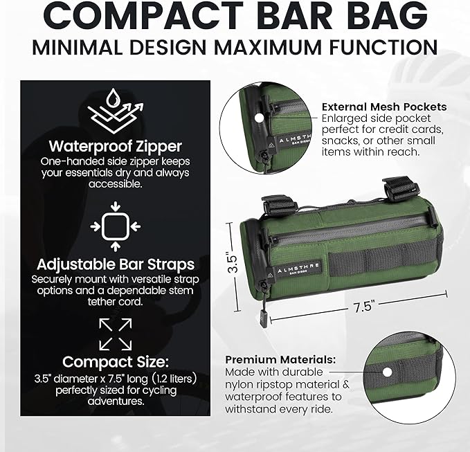 ALMSTHRE Compact Bar Bag – Hunter Green | Hard-Shell Bike Handlebar Bag with Waterproof Zipper & Adjustable Straps | Lightweight Bicycle Handlebar Bag, Compatible with Road, Gravel & MTB Bikes