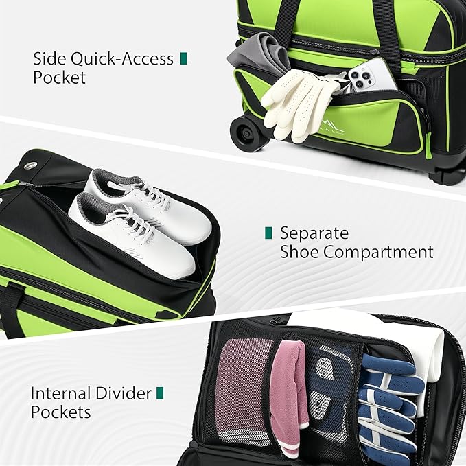 GoHimal Double Roller 2 Ball Bowling Bag with Separate Shoe Compartment for Bowling Shoes (Up To US Mens Size 15) and Oversized Accessory Pocket, Retractable Handle - Extends to 40"