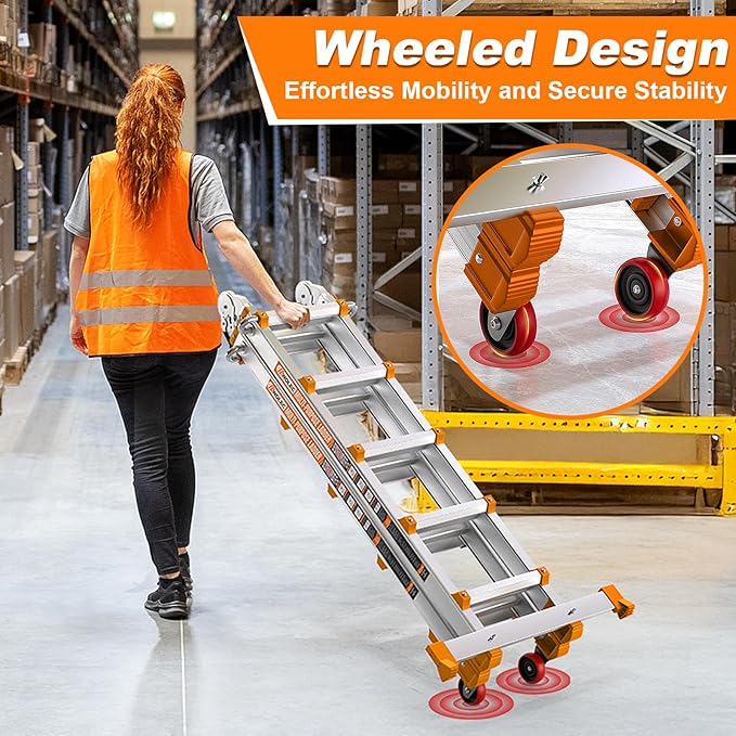 Telescoping A-Frame Ladder- 17FT Folding Extension Ladder with Wheels & Stabilizer Bar, 330lb Security Load Multi Position Ladders for Stairs Home Indoor Outdoor Roof
