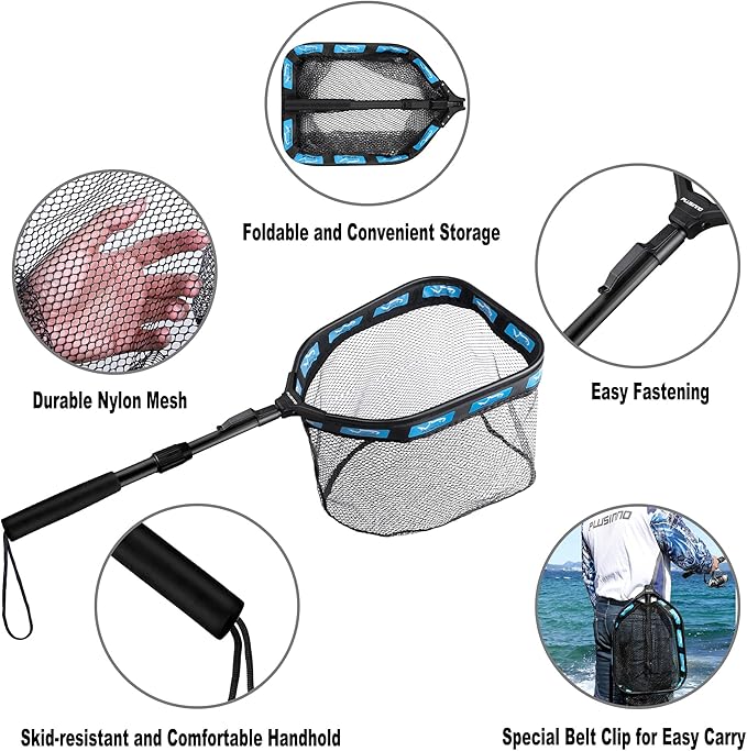 PLUSINNO Floating Fishing Net for Steelhead, Salmon, Fly, Kayak, Catfish, Bass, Trout Fishing, Rubber Coated Foldable Landing Net with Fixed or Telescoping Pole Handle, Fishing Gear and Gifts for Men