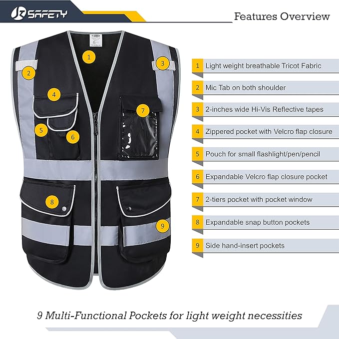 JKSafety 9 Multi-Functional Pockets Zipper Front Safety Vest With Reflective Strips Meet ANSI/ISEA Standards (150-Black, XX-Large)